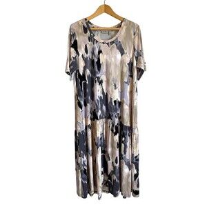 LOGO Lori Goldstein rayon elbow sleeve midi dress tiered pockets Size L